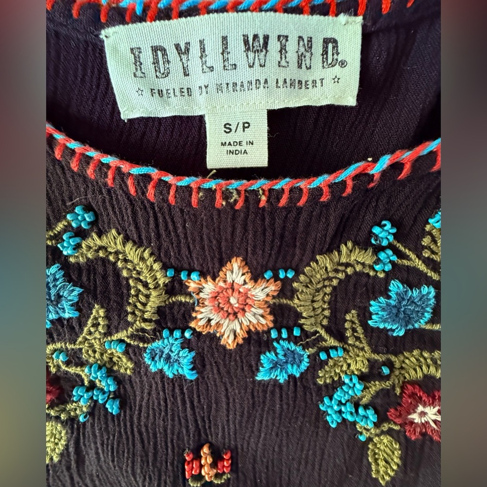 Idyllwind S Black Tank Top with Vibrant Embroidery adj straps Fairy Goth Boho